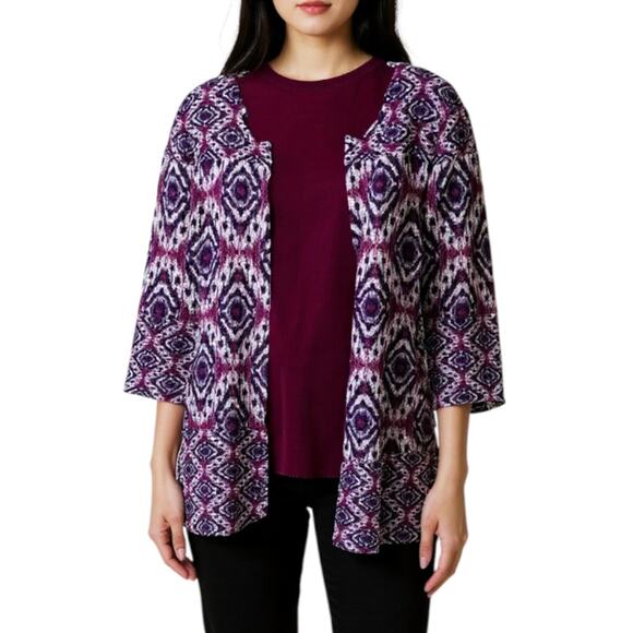 Chico's Travelers Reversible Crushed Ikat Long Jacket Open Front Purple Large - Picture 1 of 6